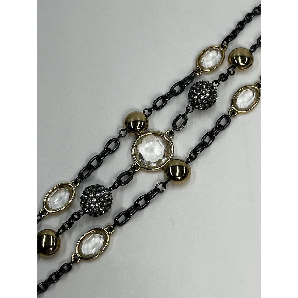 Multi Strand Pave Beaded and Faceted Glass Chain Link Bracelet Black & Gold Tone